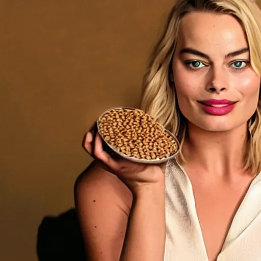 Prompt: margot robbie eating beans from a can