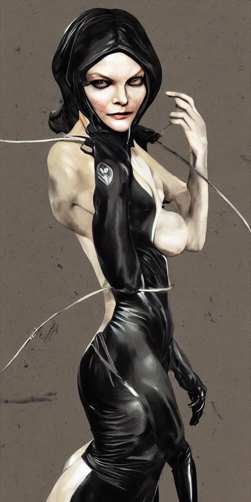 Image similar to full figure hyper realistic painting of young michelle pfeiffer as catwoman, hyper detailed, by clay mann, ayami kojima and greg rutkowski, trending on artstation, 3 light sources, rule of thirds, dutch angle