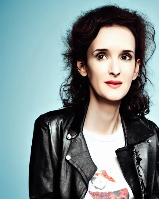 Image similar to headshot of young winona ryder, wearing a black leather jacket, tom waits t - shirt and blue jeans with a belt, photoshoot in the style of annie leibovitz, studio lighting, soft focus, bokeh