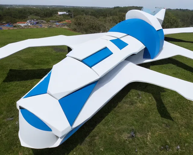 Image similar to photo of minimalist abstract cubist sculpture of curvy spaceship with random small mecha mayan decorations, covered with few large white airplane parts, gigantic size, blue and white