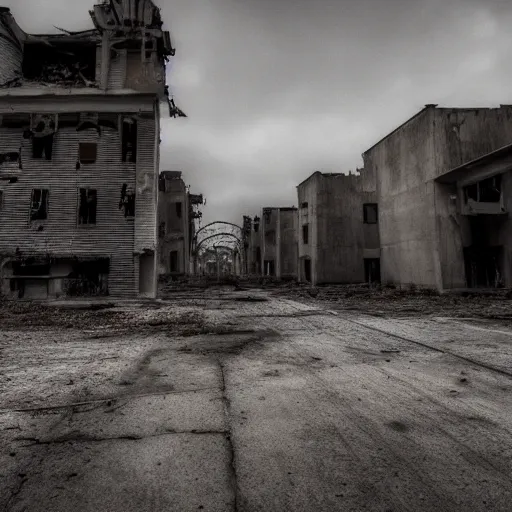 Image similar to photo of a horror abandoned ghost city, creepy lighting. 8k