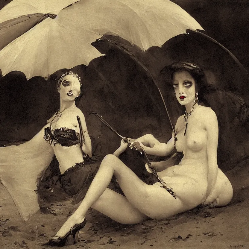 Prompt: portrait of a beautiful and grim vampire queen under a large beach umbrella by William-Adolphe Bouguerea