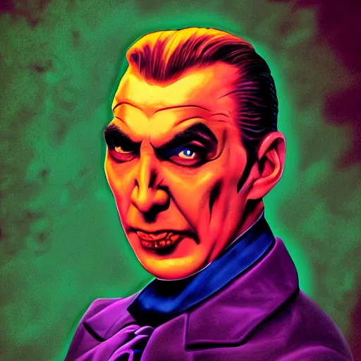 Prompt: portrait of bela lugosi as dracula, highly detailed, synthwave, outrun, max headroom, 80s background, realistic digital art,