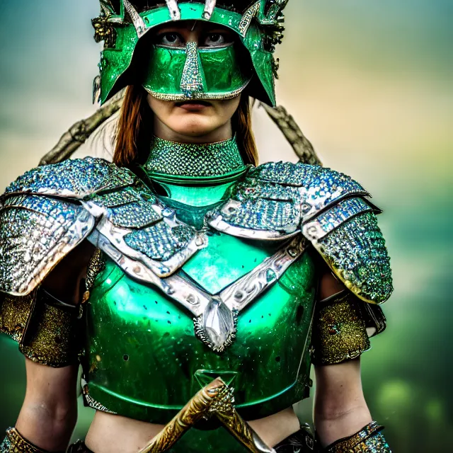 Image similar to photo of a beautiful warrior queen wearing emerald encrusted armour, highly detailed, 8 k, hdr, smooth, sharp focus, high resolution, award - winning photo