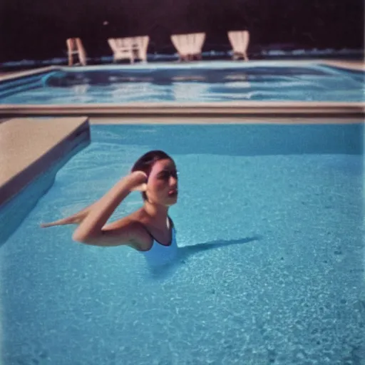 Image similar to one woman in the pool, another women under water, film camera style, la piscine 1 9 6 9 film aesthetics, 1 9 7 0 s, los angeles landscape on the background, evening,