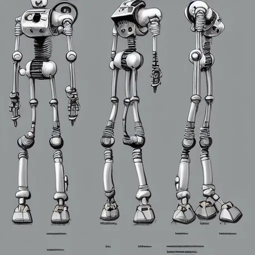 Prompt: pose reference sheet for salvaged robot pilgrim, wandering robot, art by moebius, reference art