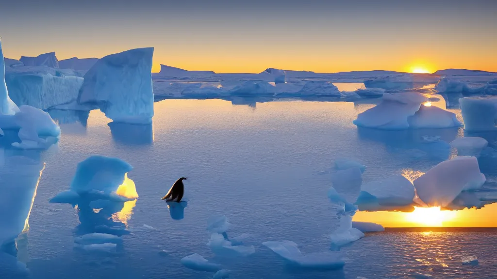 Image similar to photo of the most beautiful panoramic landscape, where a giant iceberg is lost in middle of the artic ocean, a giant penguin is exhaling steam while walking over the iceberg, there is nothing else, the artic ocean is reflecting the giant penguin over the iceberg and the ray lights of the sunset are brightening him, award winning photo, minimal style, by frans lanting