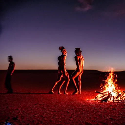 Prompt: atmospheric photograph of three fully clothed ravers, two men, one woman, photographed from behind, talking around a fire, photorealistic, dancefloor kismet, diverse costumes, clean composition, desert transition area, bonfire, night, australian desert, xf iq 4, symmetry, sony a 7 r, 1 5 0 mp, 5 0 mm