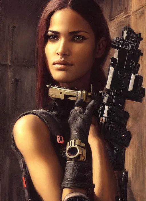 Image similar to Beautiful Juliana. beautiful female cyberpunk Blackops commander wearing a military vest and military stealthsuit (cyberpunk 2077, Blade Runner 2049). gorgeous face. African woman. Orientalist portrait by john william waterhouse and Edwin Longsden Long and Theodore Ralli and Nasreddine Dinet, oil on canvas. Cinematic, hyper realism, realistic proportions, dramatic lighting, high detail 4k