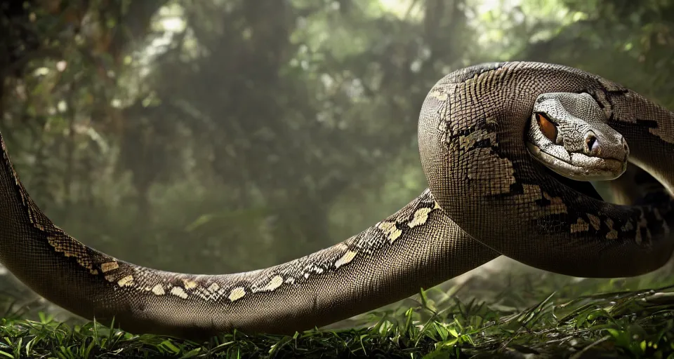 Prompt: closeup portrait of a python laying in a circle in a jungle environment, dramatic lighting, cinematic, octane render, cgsociety, artstation, 4k