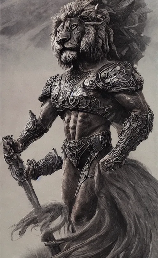 Image similar to hercules in lion ornamented armor, wearing cape, beksinski, hercules concept art, weta workshop concept art