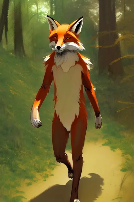 Prompt: anthro digitigrade natural - colored cartoon fox person, walking upright in a forest, greg rutkowski, gregory manchess