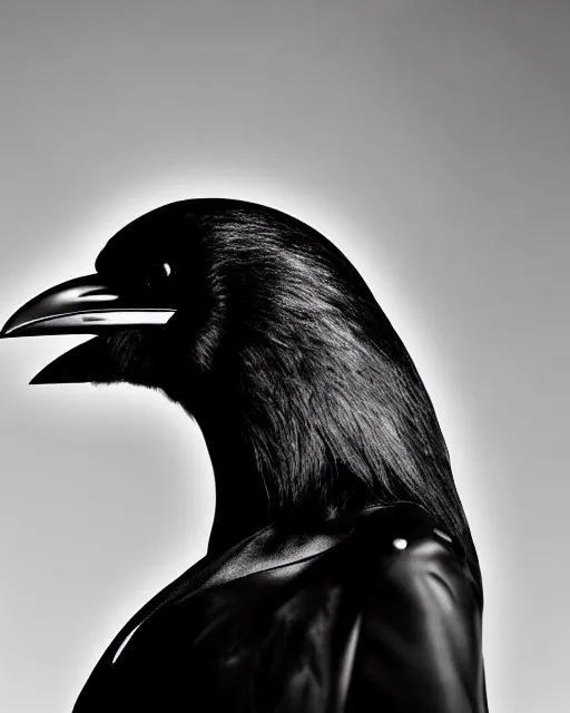 Image similar to a profile portrait, a stunning young woman - crow - cyborg, editorial photography, bw, shot on 7 0 mm, depth of field, f / 2. 8, high contrast, 1 6 k, volumetric lighting, shiny, insanely detailed and intricate, hypermaximalist, elegant, ornate, hyper realistic, super detailed