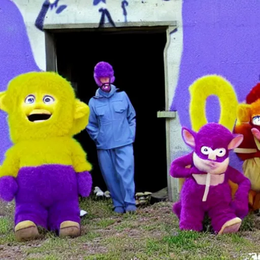 Prompt: Barney at war with mutant furry teletubbies in abandoned radiated graffiti town