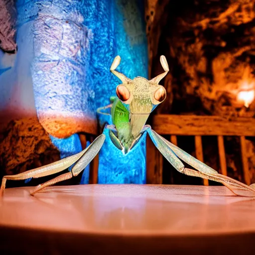 Image similar to cinematic photo of a beautiful albino praying mantis lit with saturated split colour blue and dusty pink lighting serving drinks in a grotto restaurant