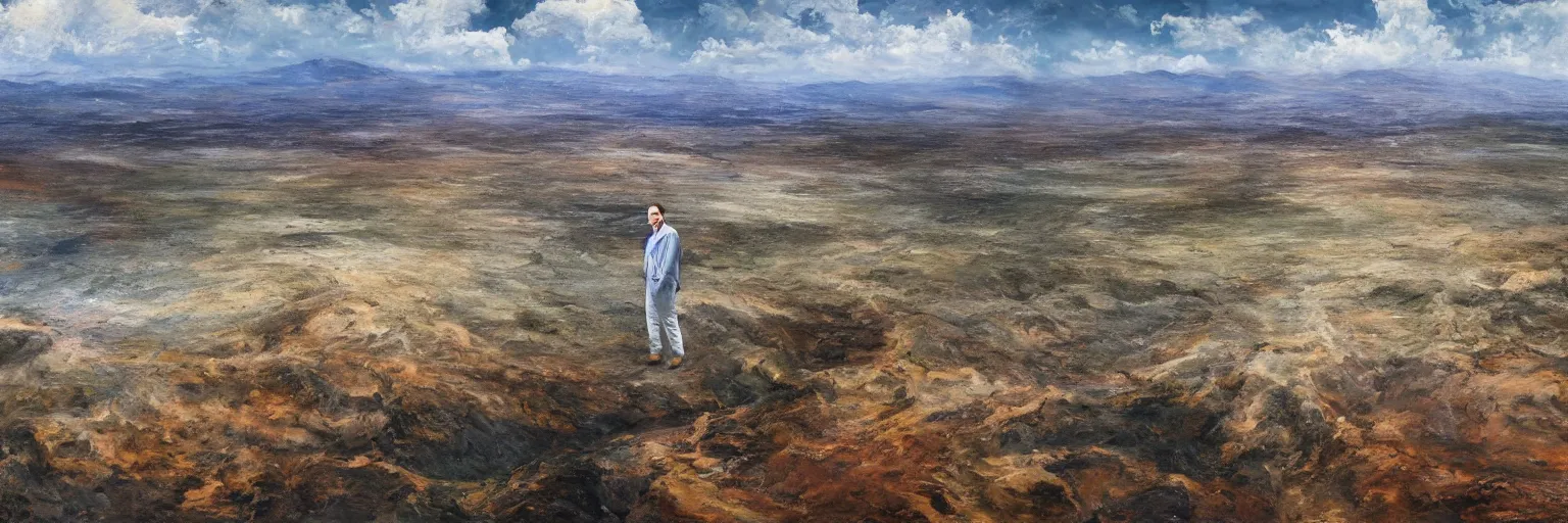 Image similar to an oil painting of hyper realistic landscape of the earth in 1 b years, with big elon musk head statue