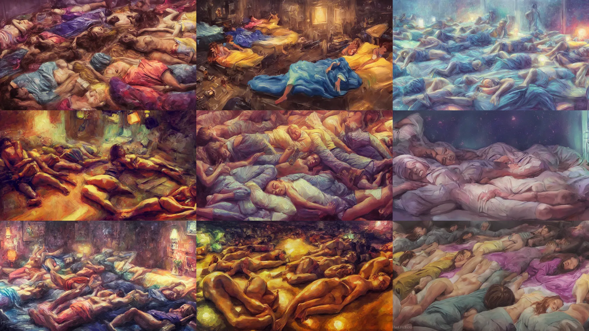 Prompt: thpusands of clones asleep in bed, past bedtime, vibrant, fantasy, trending on art station, oil painting, concept art