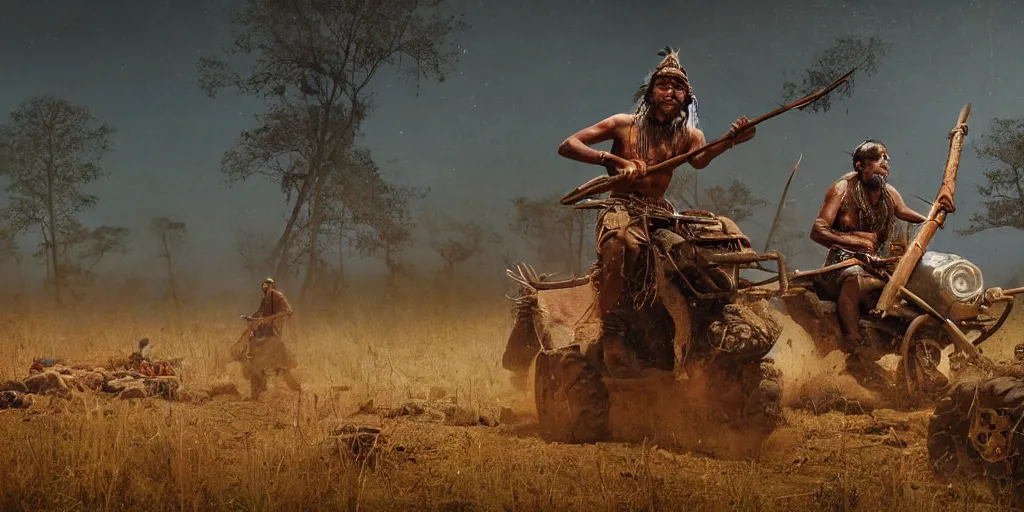 Image similar to photorealistic high speed photo ancient indian tribesman hunting on atv, wooden wheels, hunting buffalo herd ,attacking, chase, action scene, an epic fantasy, dramatic lighting, cinematic, establishing shot, extremely high detail, photorealistic, cinematic lighting, artstation, octane render, by simon stalenhag, horizon forbidden west,old photo, high speed photography, vintage, extreme sports