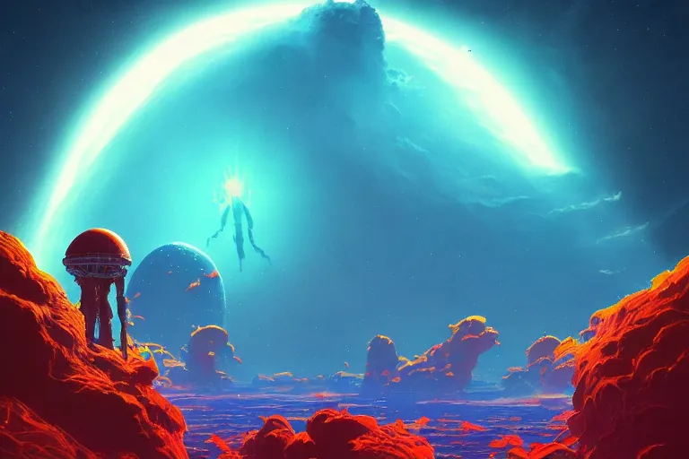 Prompt: a [ [ window to space ]!! opens up above earth ]!! reveals a beautiful alien world full of colorful vegetation, deep blue oceans, and a yellow sun shining down, sci - fi art, digital art, 3 d modeling, light painting, night scene, cosmic, illustrated by greg rutkowski, max hay, anton fadeev
