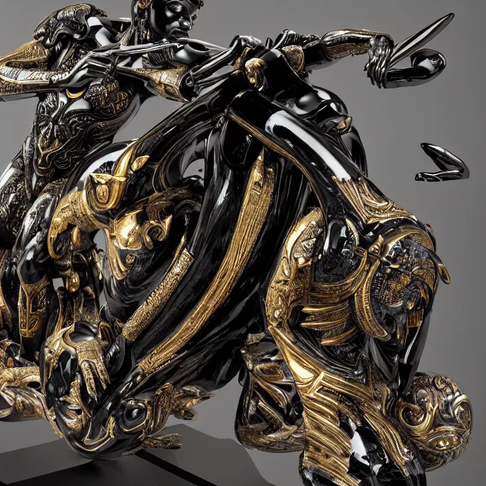 Prompt: fine art statue of black egyptian man on a surrealist motorbike motorcycle, ebony art deco, carved black marble, inlaid with ebony and gold accents, ebony rococo, wings black lace wear, spider zero, zaha hadid, beautifully lit, hyper detailed, octane render, intricate, elite, ornate, photorealistic, micro details, 3 d sculpture, ray trace