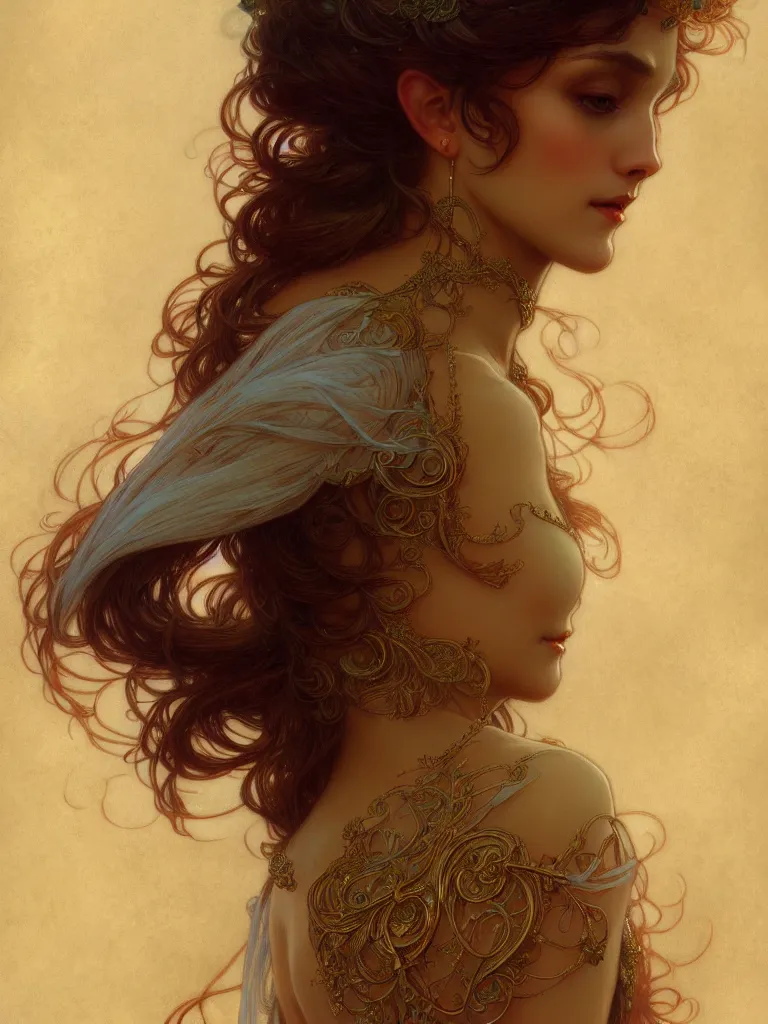 Image similar to a woman modestly dressed, tall, feminine, intricate, elegant, highly detailed, digital painting, artstation, smooth, symmetrical, sharp focus, illustration, art by gaston bussiere and alphone mucha