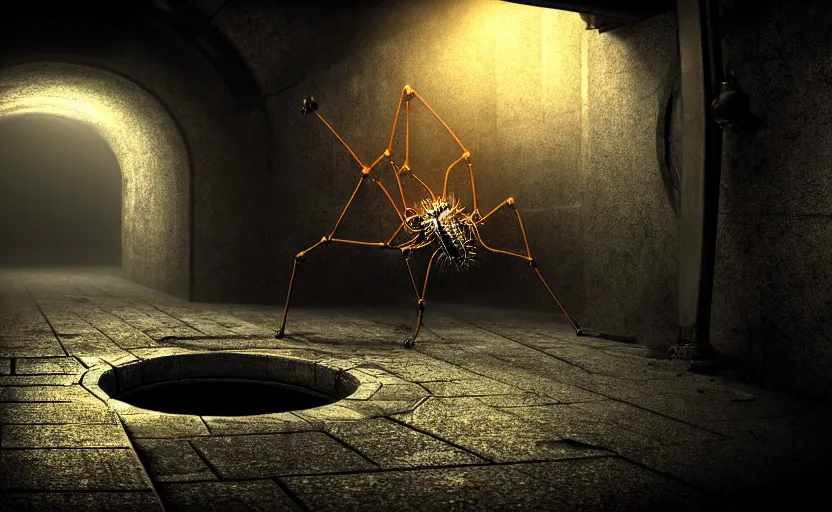 Image similar to mechanical spider in a sewer, ultra detailed digital art, fine drawing, hyper real, 4 k, moody lighting