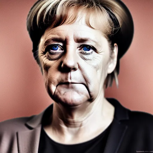 Prompt: Angela Merkel, grungy, unkept hair, glowing eyes, modelsociety, radiant skin, huge anime eyes, RTX on, perfect face, directed gaze, intricate, Sony a7R IV, symmetric balance, polarizing filter, Photolab, Lightroom, 4K, Dolby Vision, Photography Award