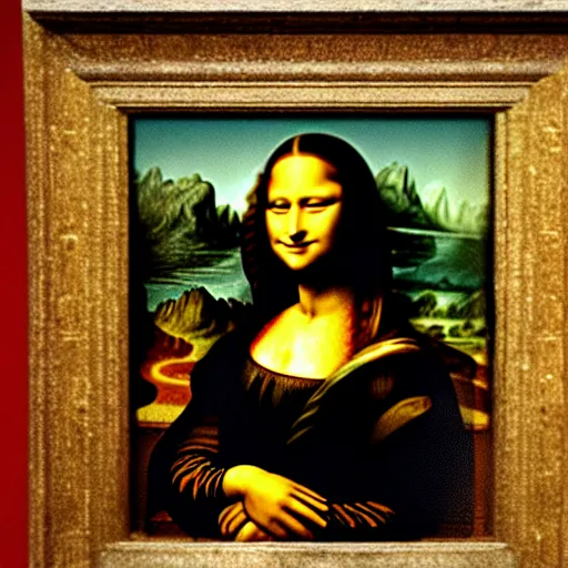 Prompt: photo of a cave painting of Mona Lisa