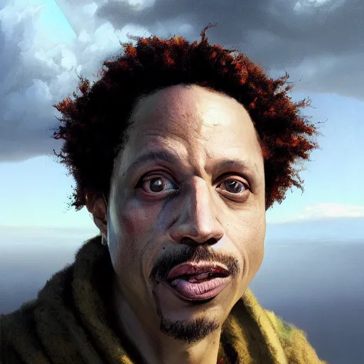 Image similar to closeup portrait of eric andre, dramatic light, gorgeous view, depth, high detail, digital art, painted by greg rutkowski and seb mckinnon, by tim burton, trending on artstation