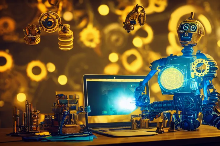 Image similar to photo of a golden and blue metal steampunk office robot with gears and tubes sitting in a modern office, on the table is a suitcase with money, eyes are glowing red lightbulbs, shiny crisp finish, 3 d render, 8 k, insaneley detailed, fluorescent colors, background is multicolored lasershow