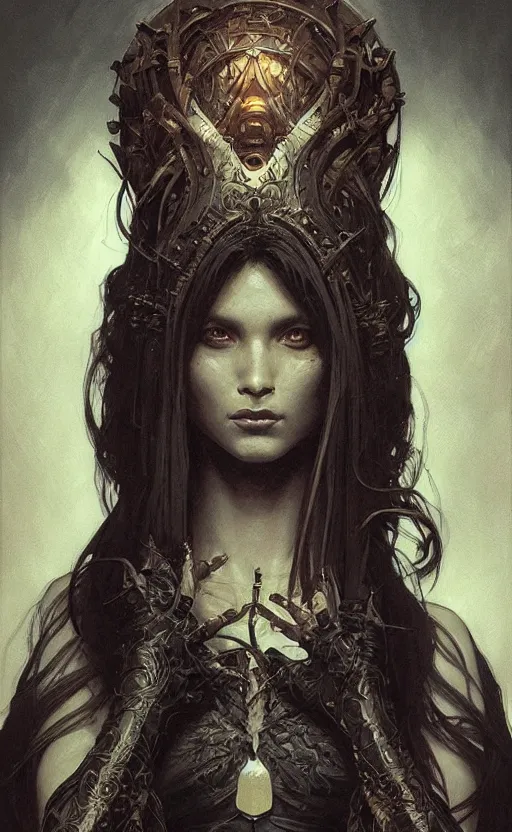 Image similar to portrait of a dark goddess, dark filaments, shadows, menacing, frightening, intricate, headshot, highly detailed, digital painting, artstation, concept art, sharp focus, cinematic lighting, illustration, art by artgerm and greg rutkowski, alphonse mucha, cgsociety