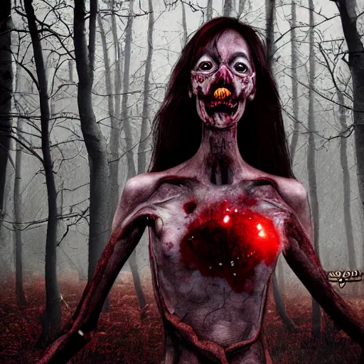 Image similar to A realistic detailed photo of a creepy witch, blood, exploded belly, red eyes, destroyed body, dead skin, dead trees, detailed body, teeth filled with cavities, foggy landscape, creepy, light particles, detailed light, realistic shaders, trending on artisation, detailed textures, detailed, realistic.