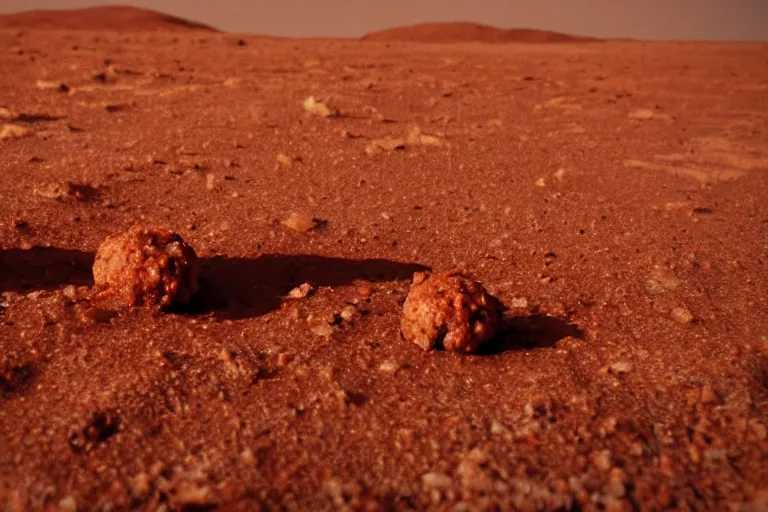 Image similar to a lonely meatball sandwich on mars, red lighting, sad,