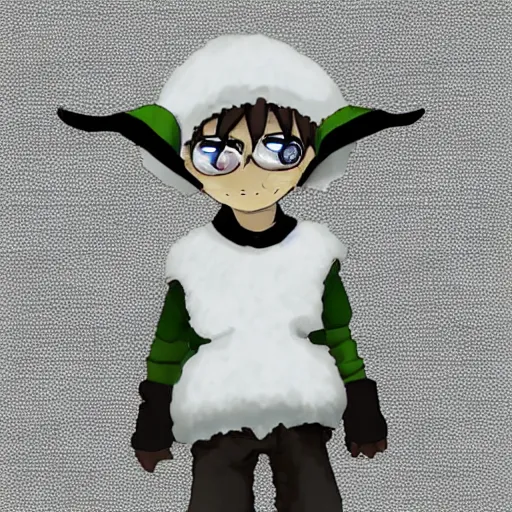 Image similar to little boy wearing sheep suit. white, gray, blue, green and brown pallet color. made in abyss art style, inspired in deltarrune, cute detailed artwork