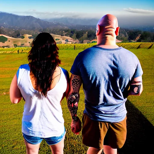 Image similar to portrait of a young chunky bald white male tattoos and his young white female brown hair wife with tattoos. male is wearing a white t - shirt, tan shorts, white long socks. female is has long brown hair and a lot of tattoos. photo taken from behind them overlooking the field with a goat pen. rolling hills in the background of california and a partly cloudy sky