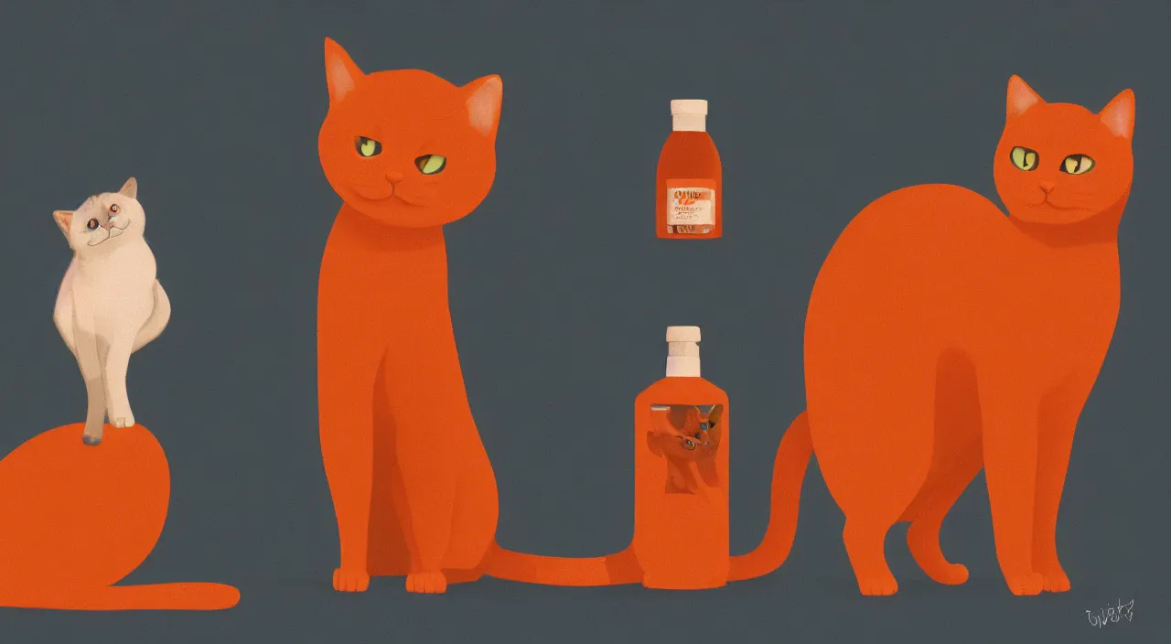 Prompt: a cat standing next to a bottle of medicine. orange cat. animal. digital art. artstation. wide shot.