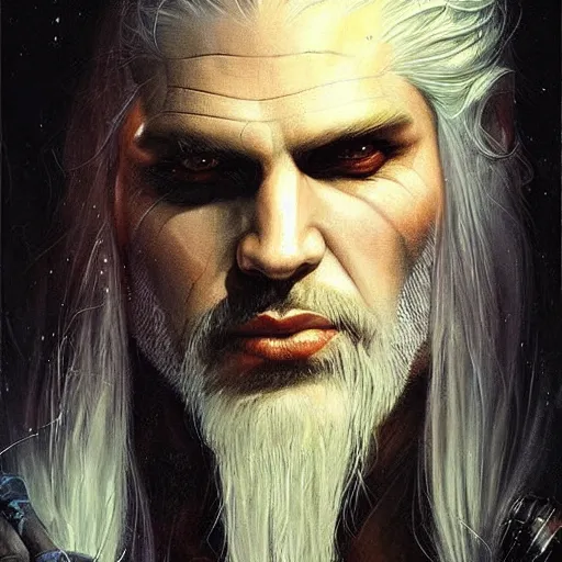 Prompt: geralt of rivia, ethereal, painting by karol bak