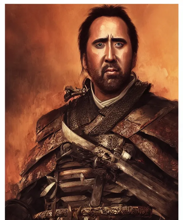 Image similar to Portrait of Nicolas Cage as a samurai from the warring states era Japan, highly detailed, digital painting, artstation, concept art, smooth, sharp focus, illustration by Artgerm and Greg Rutkowski and Tom Bagshaw