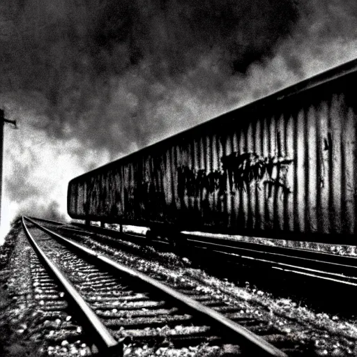 Image similar to the disembodied spirit of a dangerous railroad demon, Boxcar on the railroad, atmospheric and depressed, Cinematic, 35mm, film still from a horror movie