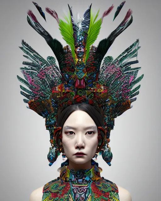 Prompt: 3 d warrior goddess medium shot portrait. beautiful hyperrealistic intricate highly detailed magpie helm and richly embroidered blouse, quetzalcoatl, korean hanbok, bioluminescent, curious, kintsugi, plasma, lava, ice, feather, artwork by tooth wu and chiara bautista, octane 3 d render