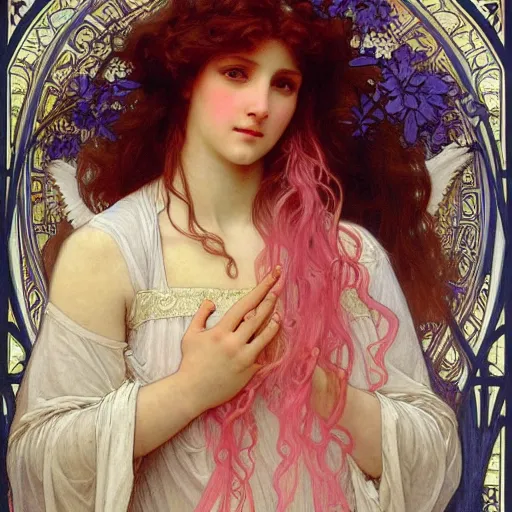 Image similar to painting of a beautifully angel with long flowing pink hair, intricate, elegant, hyperdetailed, by alphonse mucha and william - adolphe bouguereau and john william waterhouse, trending on artstation