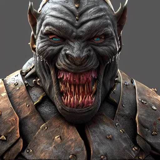 Image similar to A vicious orc wearing battle armor ready for war, highly detailed, photorealism, zbrush sculpt, substance painter, texturing XYZ, Subsurface scattering, cinematic lighting, Unreal engine 5, octane render, cinema4d, vray, redshift, keyshot, Arnold render