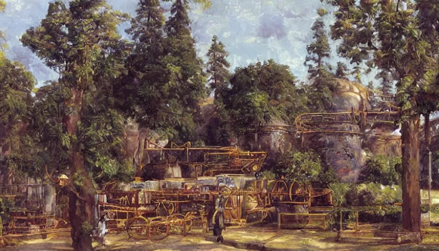 Image similar to artwork painting of willy wonka's chocolate factory by eugene von guerard, ivan shishkin, john singer sargent