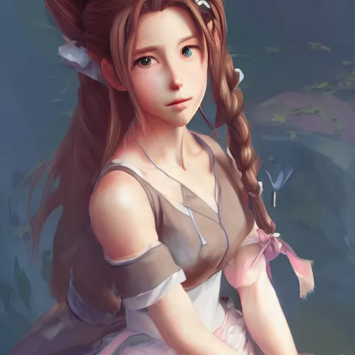 Prompt: concept art of aerith gainsborough by WLOP, rossdraws, Logan Cure, Mingchen Shen, BangkuART, sakimichan, yan gisuka, JeonSeok Lee, zeronis, Chengwei Pan on artstation