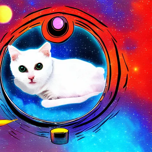 Image similar to cat swimming in space, digital art