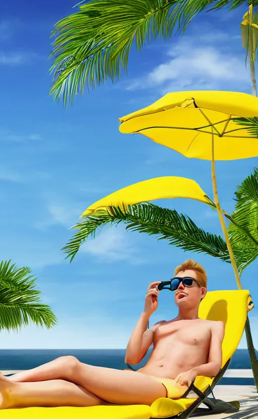 Prompt: a lemon-human hybrid in sunglasses lying on a sun lounger, realistic, photorealistic, detailed, high quality, high resolution, lossless, 8K, HDR, 8K resolution