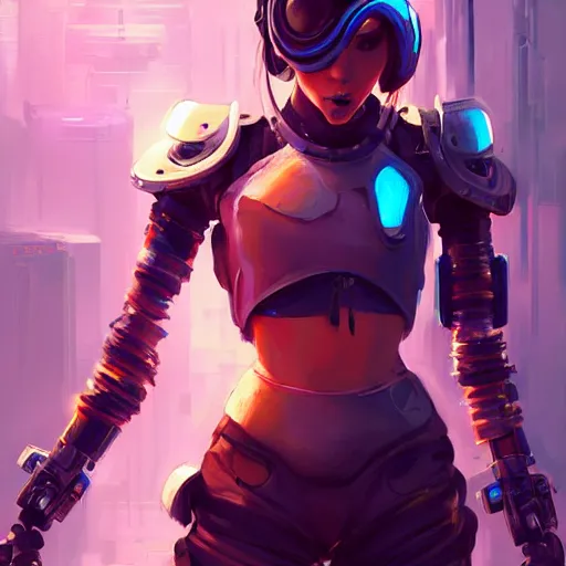 Image similar to stylized cybernetic ninja - cyberpunk girl, wearing techwear and armor, weoponary, complementary colors, highly detailed, artstation, overwatch, concept art, smooth, sharp focus, illustration, art by artgerm, by greg rutkowski, by jeremy mann, by francoise nielly, oil painting -'t