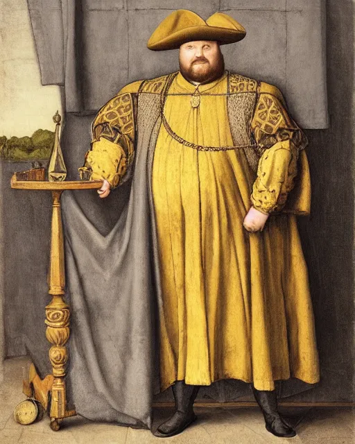 Image similar to fat gray cat with yellow eyes dressed like henry viii, tudor period menswear, hans holbein the younger, greg rutkowski, royal portrait, painting