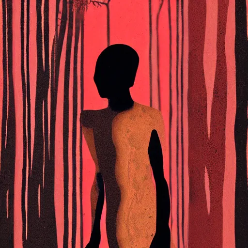 Prompt: A beautiful illustration of a small figure standing in the center of a dark, foreboding landscape. The figure is surrounded by strange, monstrous creatures, and there is a feeling of unease and dread. red, alhambresque by Lyubov Popova, by Ryan McGinley rich details