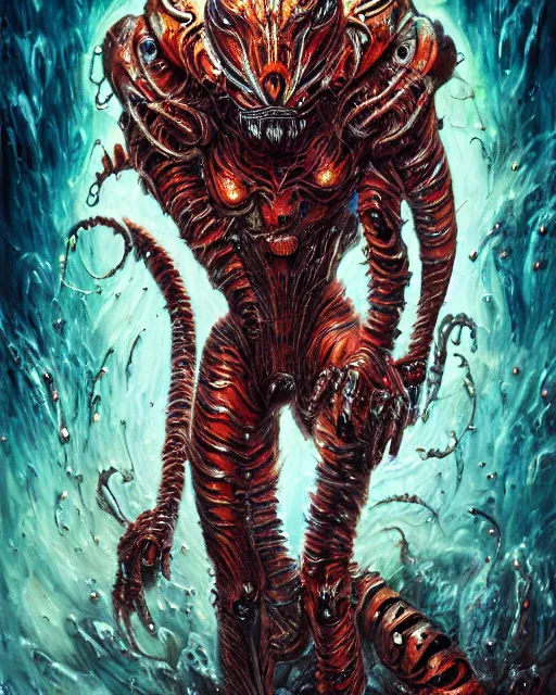 Prompt: bloody fleshmetal cyborg tiger, by antonio j. manzanedo, giger, alex grey, android jones, wayne barlowe, philippe druillet, raymond swanland, cyril rolando, josephine wall, harumi hironaka, trending on artstation